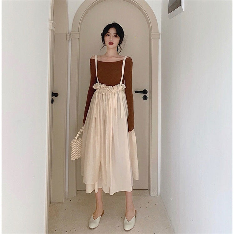 High-waisted Pleated Suspender Skirt, Thin Half-length Skirt, Suspender Skirt