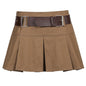 Khaki With Belt High Waist Short Skirt Pleated Skirt