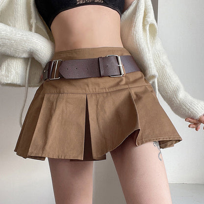 Khaki With Belt High Waist Short Skirt Pleated Skirt