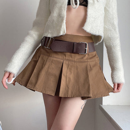 Khaki With Belt High Waist Short Skirt Pleated Skirt