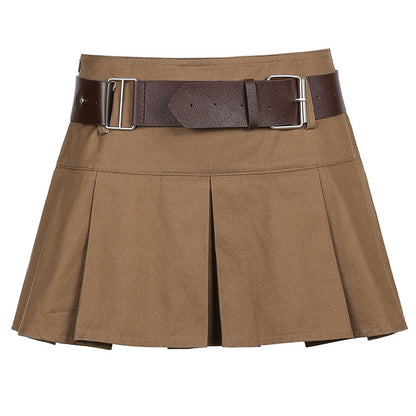 Khaki With Belt High Waist Short Skirt Pleated Skirt