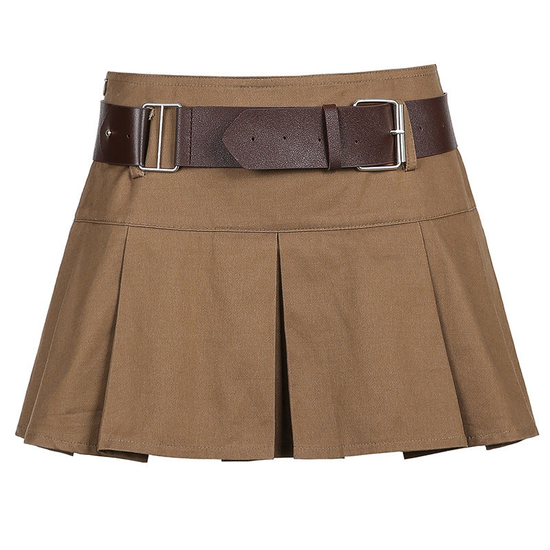 Khaki With Belt High Waist Short Skirt Pleated Skirt