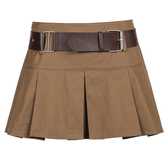 Khaki With Belt High Waist Short Skirt Pleated Skirt