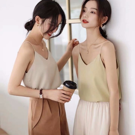 V-neck Silk Satin Solid Color Base Camisole
