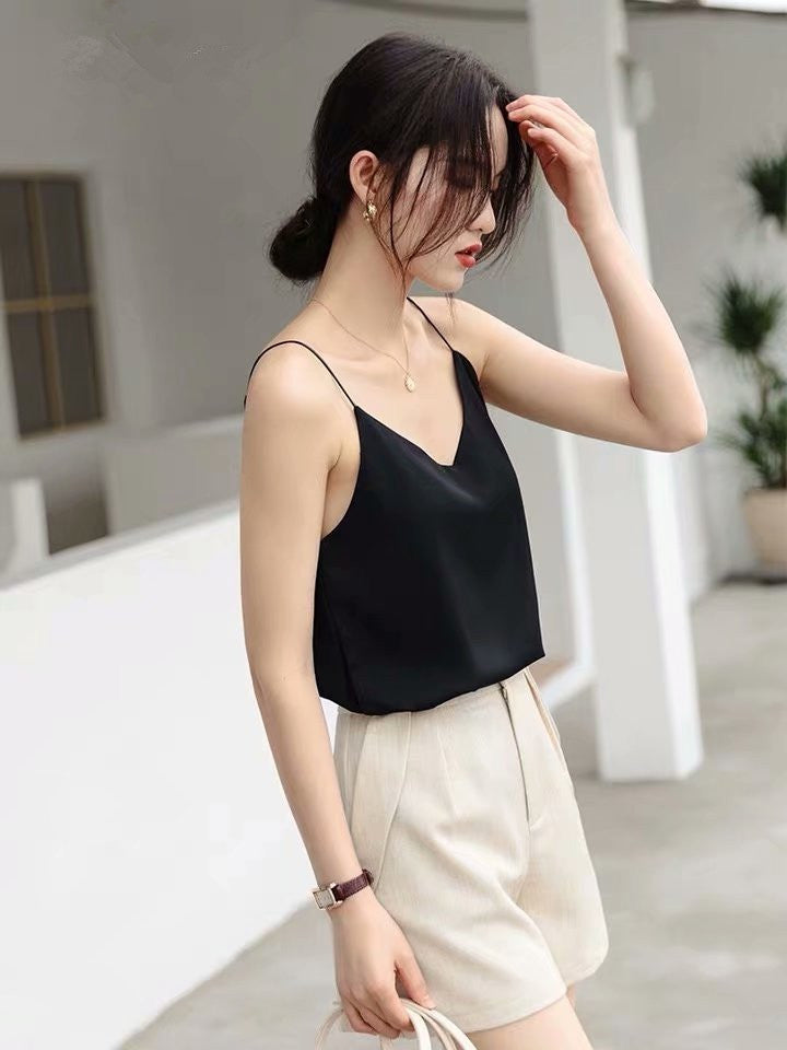 V-neck Silk Satin Solid Color Base Camisole