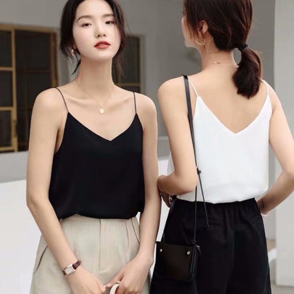 V-neck Silk Satin Solid Color Base Camisole