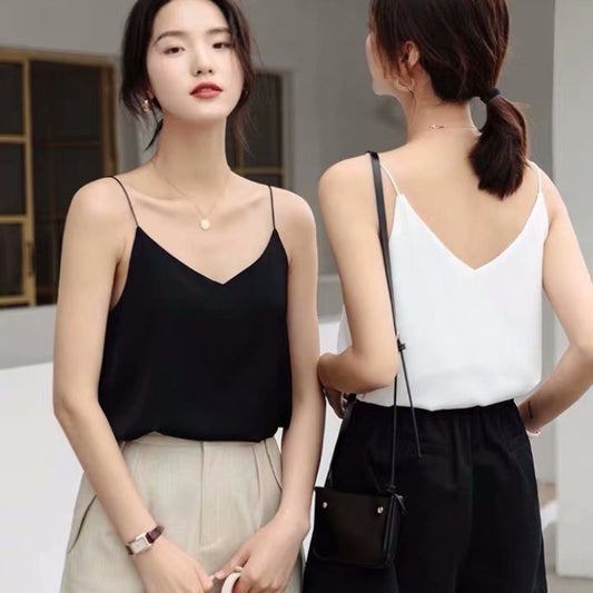 V-neck Silk Satin Solid Color Base Camisole