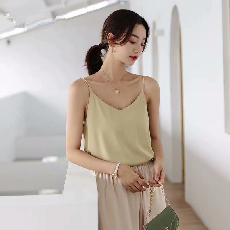 V-neck Silk Satin Solid Color Base Camisole
