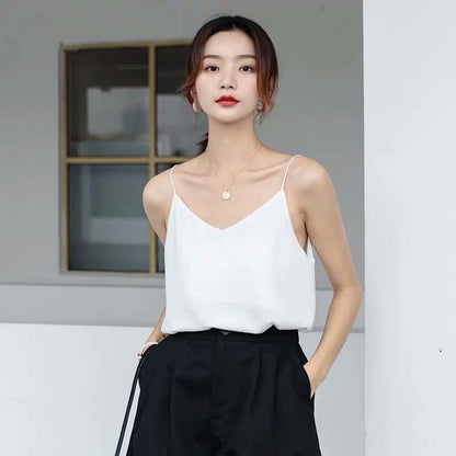 V-neck Silk Satin Solid Color Base Camisole