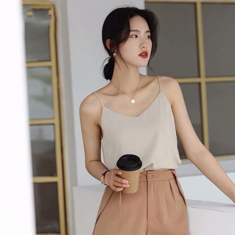 V-neck Silk Satin Solid Color Base Camisole