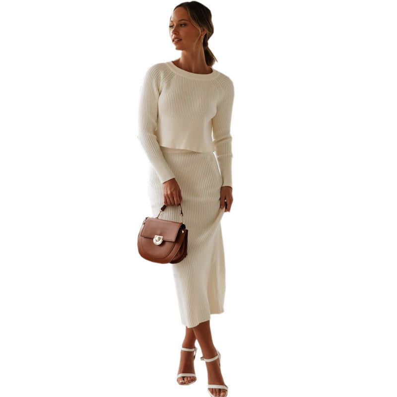 Knitted hem split skirt suit