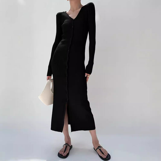 Slim-fit Slimming Elegant Single-breasted Sheath V-neck Knitted Dress