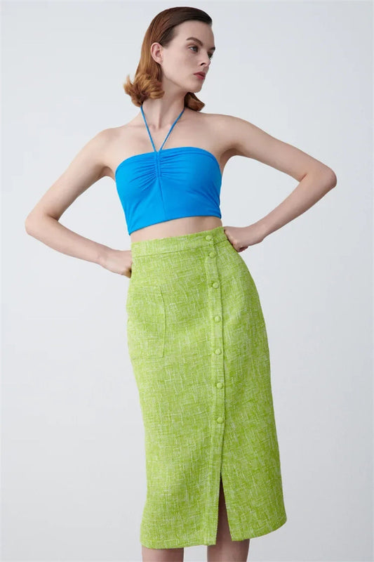 Women's Green Textured Slit High Waist Midi Skirt