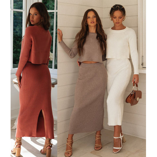 Knitted hem split skirt suit