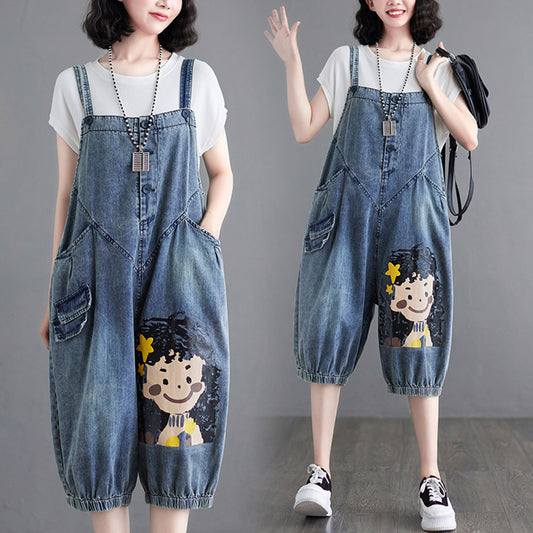 Retro Plus Size Cartoon Age Reduction Girl Print Denim