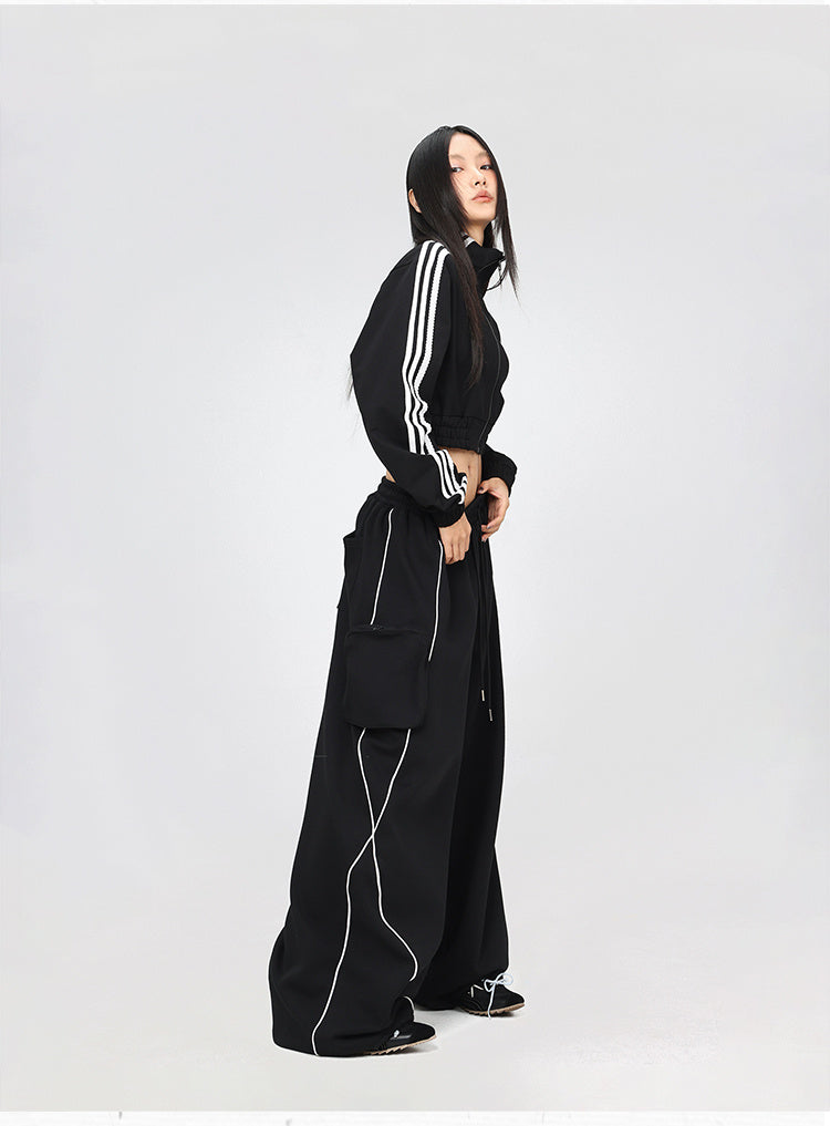 Black Asymmetric Stitching Sports Pants Long-sleeved Top