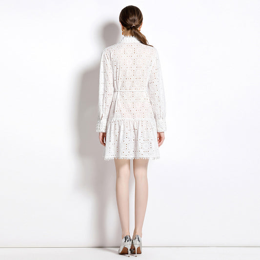 Stand Collar Elegant Hollow Single-breasted Lantern Sleeve Loose Lace-up Dress