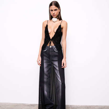 Summer New Pure Color Mesh Sling Tied Top