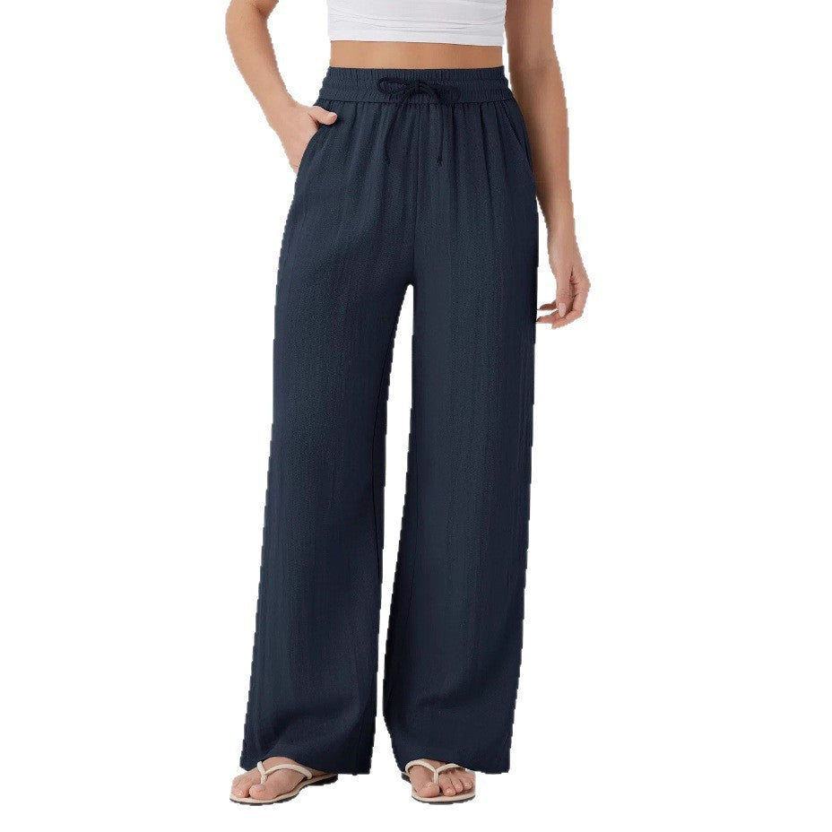 Women's Solid Color Casual Wide Leg Loose Drawstring Trousers