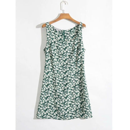 A-line Skirt Dress with Printed Sleeve Round Neck Split Skirt