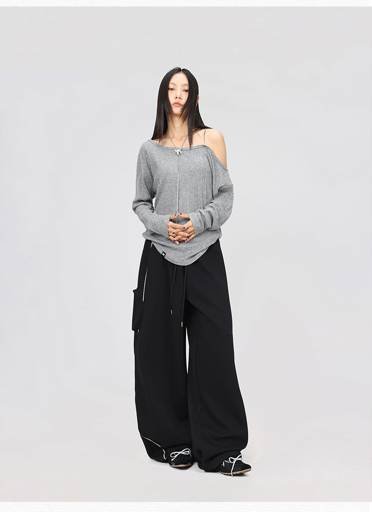 Black Asymmetric Stitching Sports Pants Long-sleeved Top