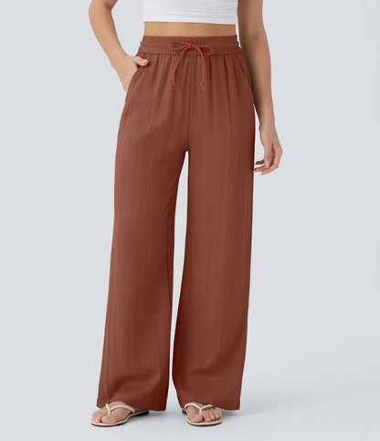 Women's Solid Color Casual Wide Leg Loose Drawstring Trousers