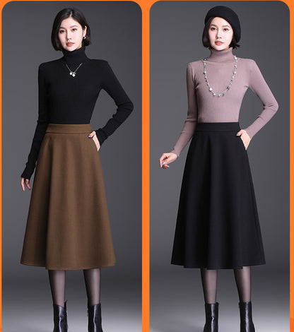 Woolen Skirt Women's Mid-length High Waist Umbrella Skirt
