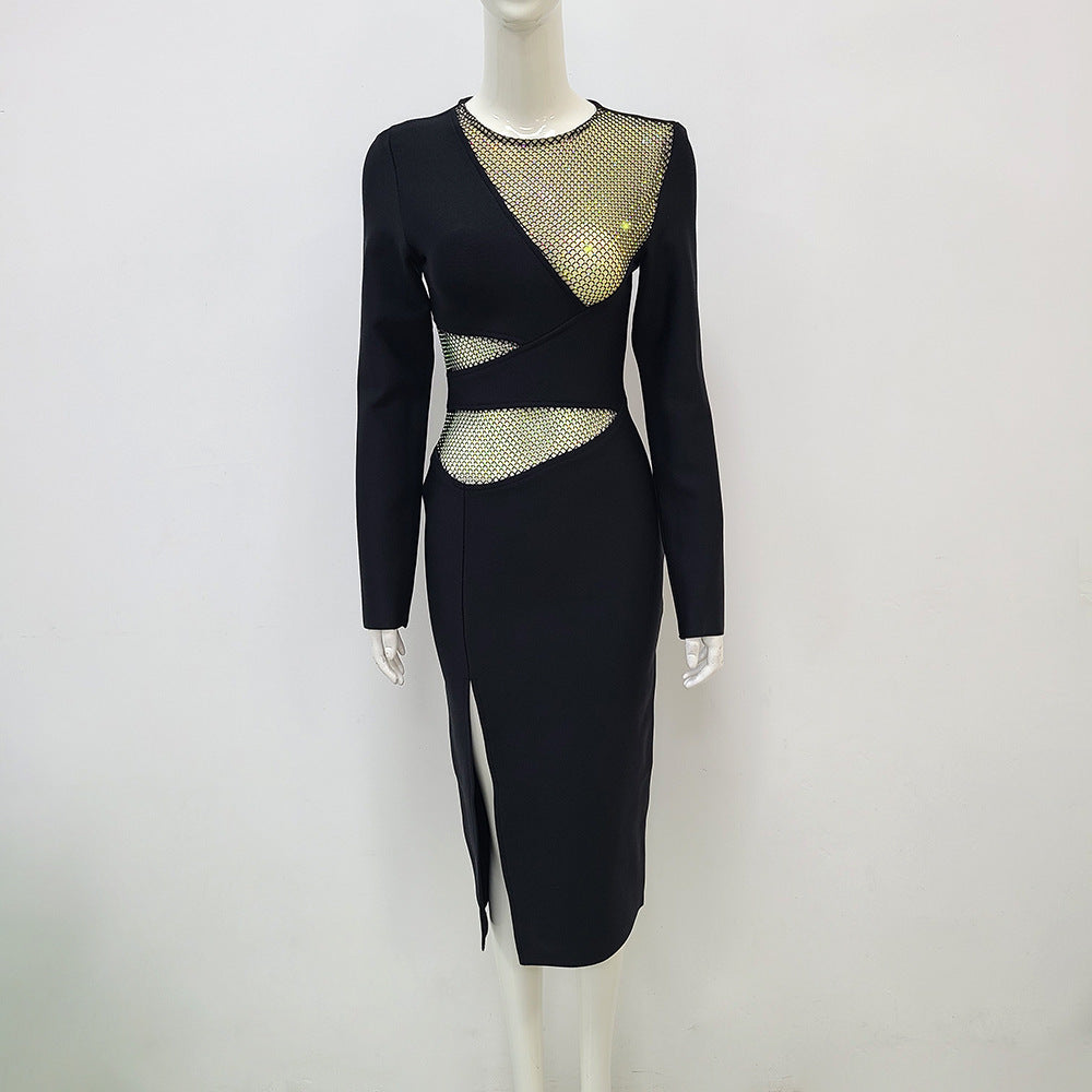 Long Sleeve Elegant Fishnet Hollow Hot Rhinestone Bandage One-piece Dress