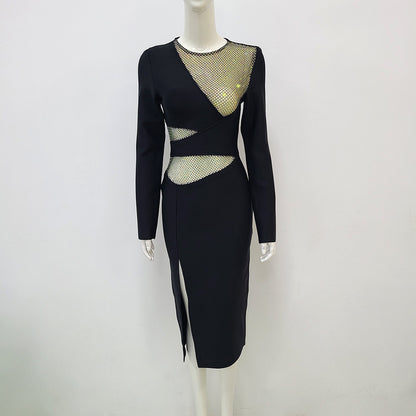 Long Sleeve Elegant Fishnet Hollow Hot Rhinestone Bandage One-piece Dress