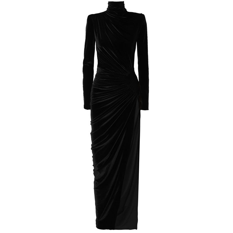 French Style High-Neck Elegant Retro Velvet Evening Dress