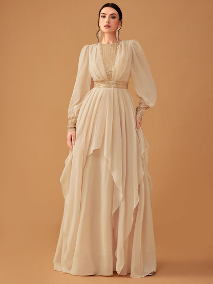 Women's Elegant Chiffon Sequined Lantern Sleeve Dress