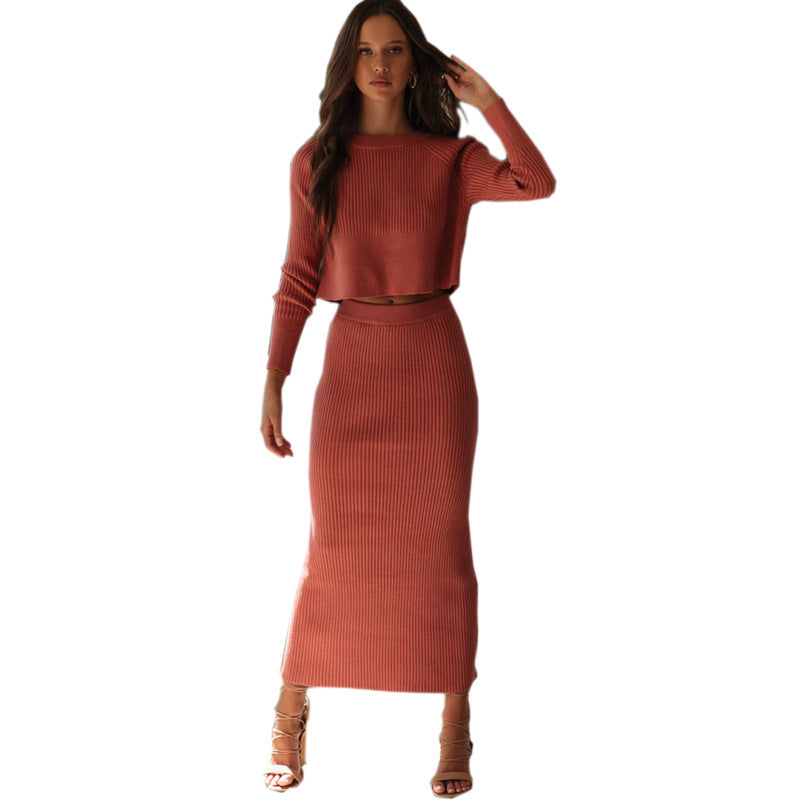Knitted hem split skirt suit