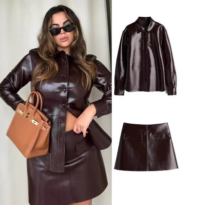 Women's Lapel Button PU Coat Mini Skirt Two-piece Set