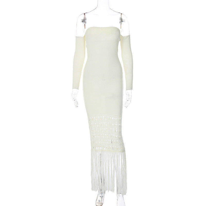 Women's Woolen Elegant Slim-fit Tassel Dress With Long Sleeves