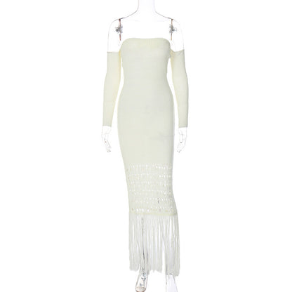 Women's Woolen Elegant Slim-fit Tassel Dress With Long Sleeves