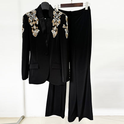 Exquisite Rhinestone Beaded Stand Collar Blazer Split Trousers Suit