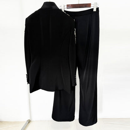 Exquisite Rhinestone Beaded Stand Collar Blazer Split Trousers Suit