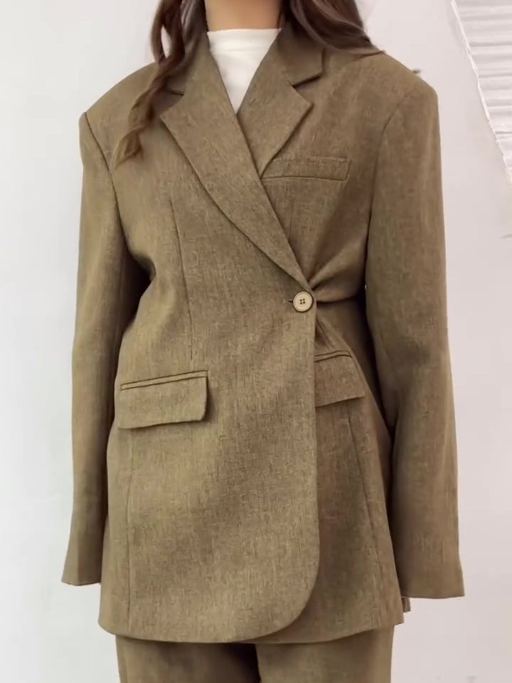Solid Color Slit Back Buttoned Waist Blazer & High Waist Pants Set