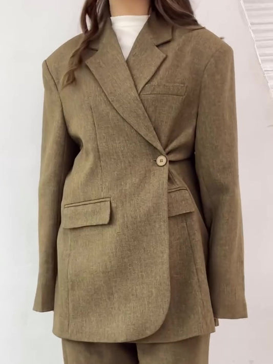 Solid Color Slit Back Buttoned Waist Blazer & High Waist Pants Set