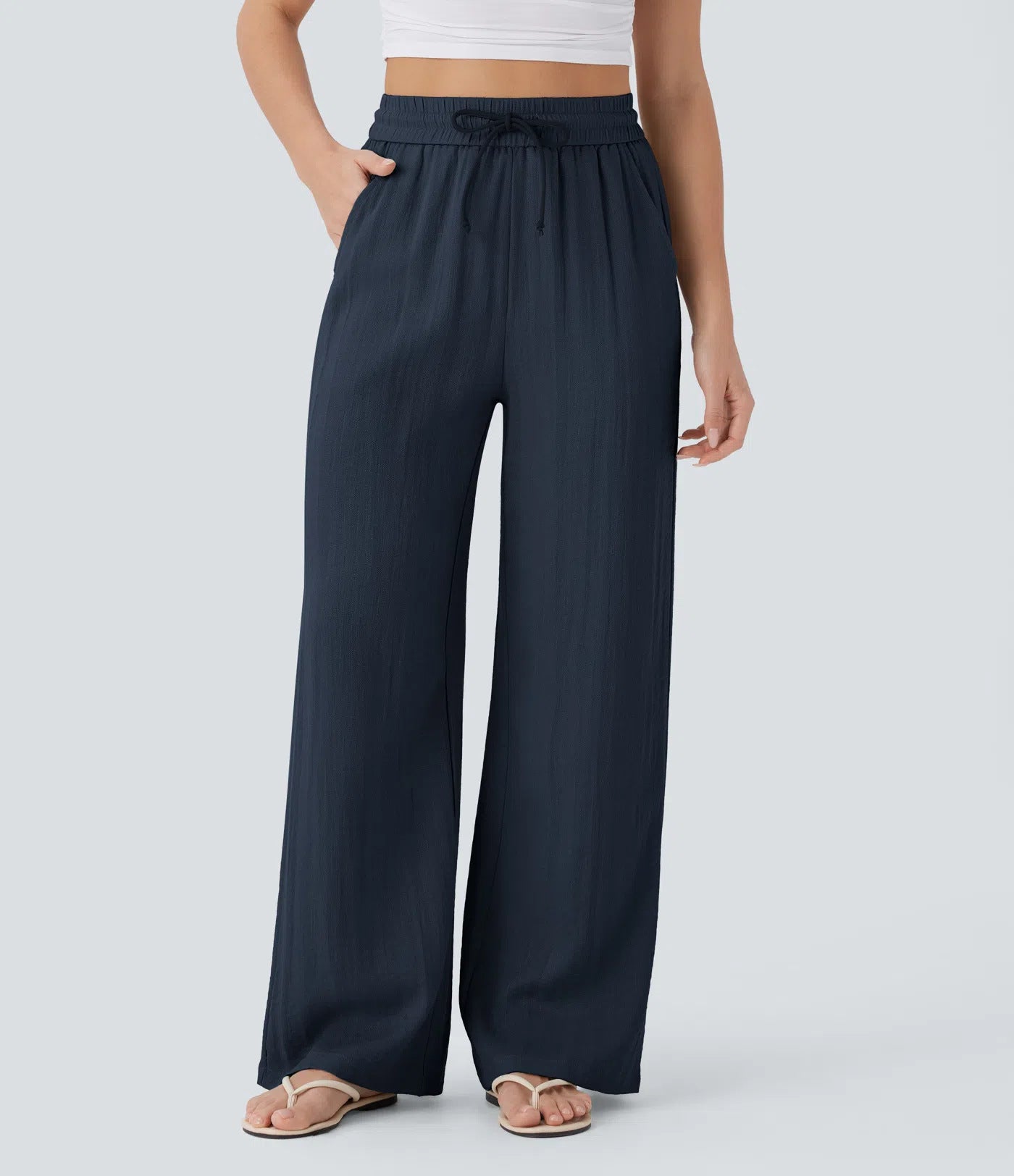 Women's Solid Color Casual Wide Leg Loose Drawstring Trousers