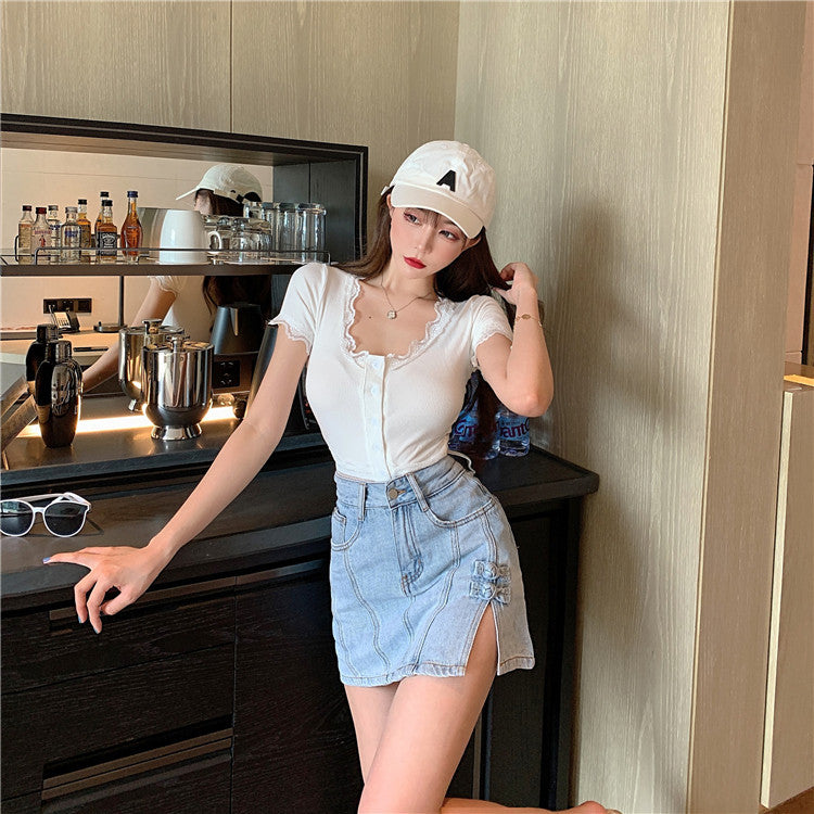 Side Slit Denim Bag Hip Skirt Female High Waist Was Thin