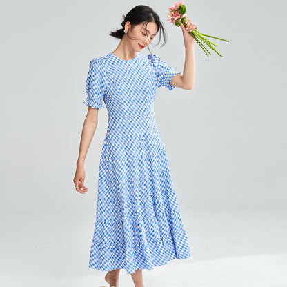 New Blue And White Plaid Elegant Waist-tight Dress Women