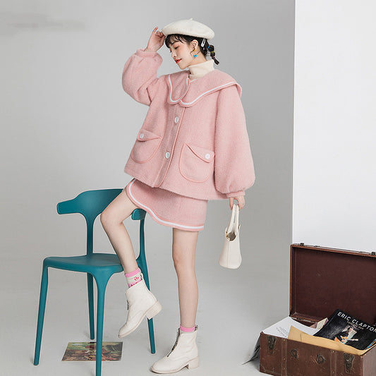 Textured ribbon woolen A-line skirt skirt