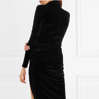 French Style High-Neck Elegant Retro Velvet Evening Dress