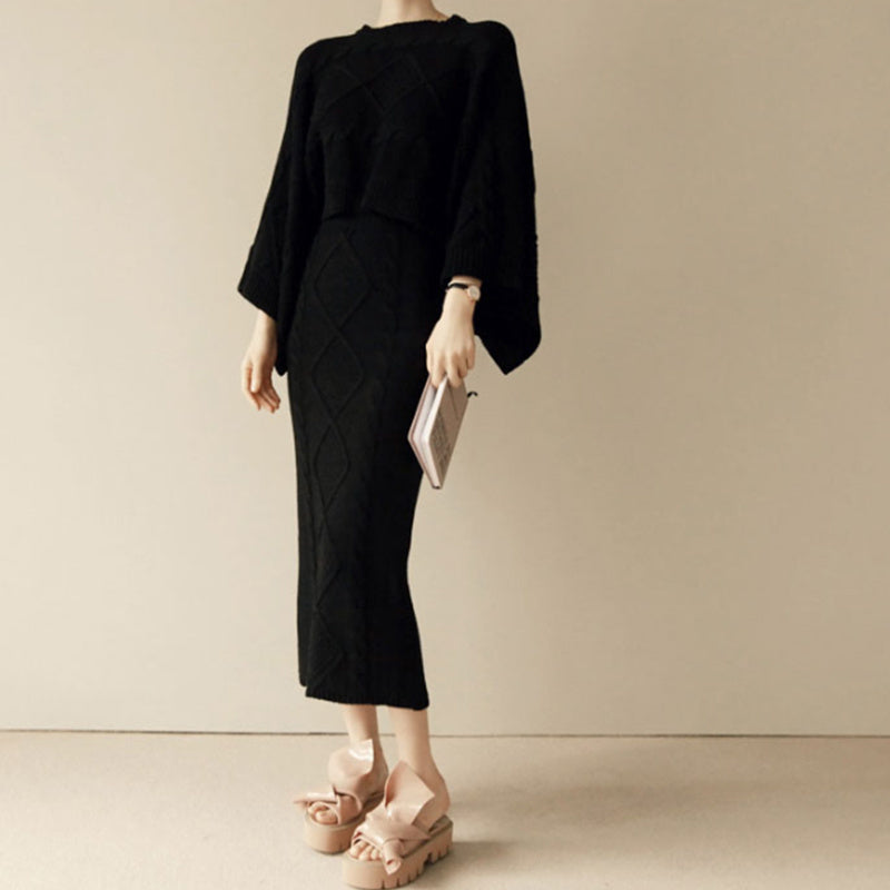 Bat sleeve sweater knitted skirt suit skirt