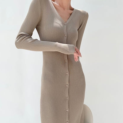 Slim-fit Slimming Elegant Single-breasted Sheath V-neck Knitted Dress