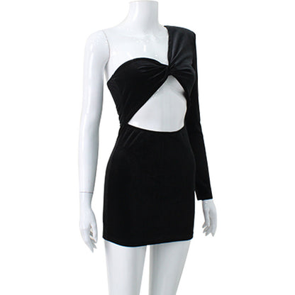 European And American One-sleeve Right-angle Shoulder Design Pleated Hollow Silk Elegant Dress