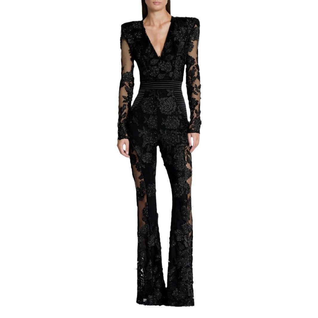 Elegant V-neck One-piece Trousers Stitching Lace Rhinestone Long Sleeve Evening Dress
