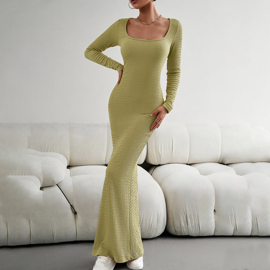 Women's Fashionable Elegant Slim Fit Square Collar Long-sleeved Knitted Dress