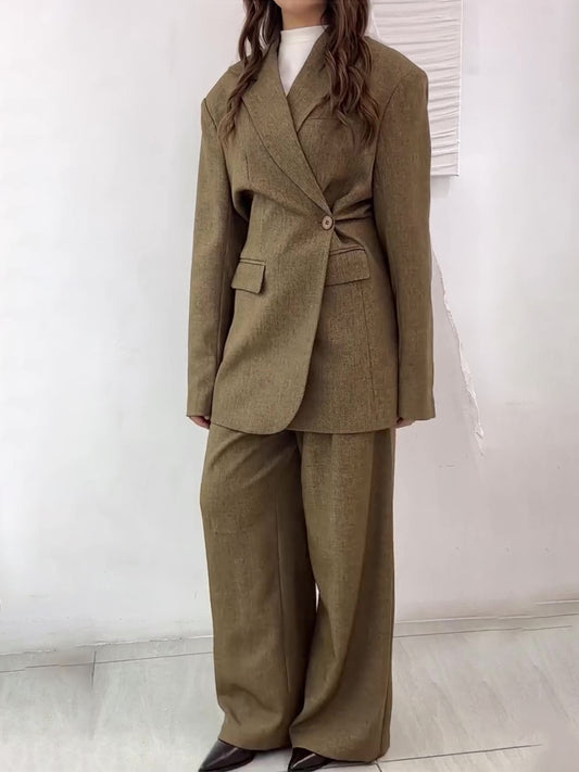Solid Color Slit Back Buttoned Waist Blazer & High Waist Pants Set